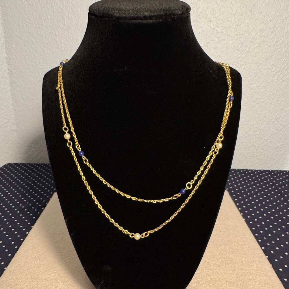 Vintage Gold-Tone Women’s Necklace Set Blue and White Beads